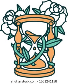 iconic tattoo style image of an hour glass and flowers