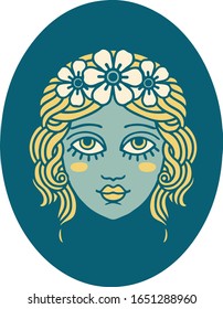 iconic tattoo style image of a maiden with flowers in her hair