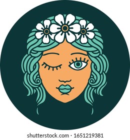 iconic tattoo style image of a maidens face winking