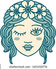 iconic tattoo style image of a maidens face winking