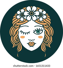 icônica tatuagem estilo imagem de uma donzela face piscando