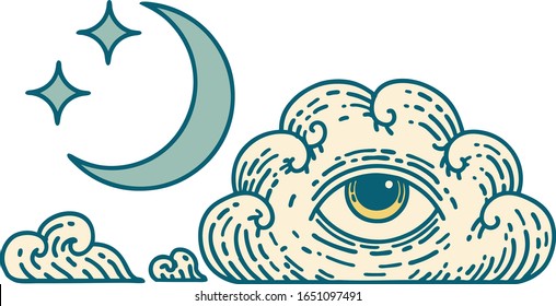 iconic tattoo style image of moon stars and cloud