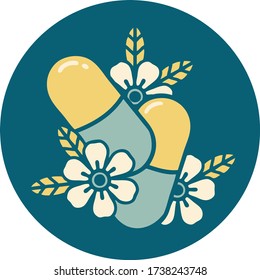 iconic tattoo style image of pills and flowers