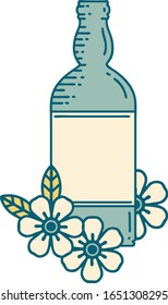 iconic tattoo style image of a rum bottle and flowers