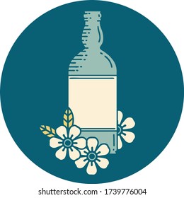 ikonisches Tätowierbild einer Rumflasche und Blumen