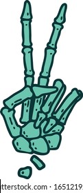 iconic tattoo style image of a skeleton giving a peace sign 