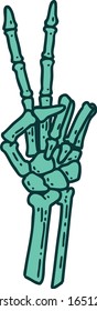 iconic tattoo style image of a skeleton giving a peace sign 