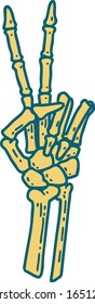 iconic tattoo style image of a skeleton giving a peace sign 