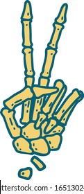 iconic tattoo style image of a skeleton giving a peace sign 