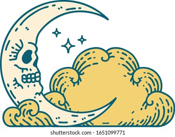 iconic tattoo style image of a skull crescent moon and clouds