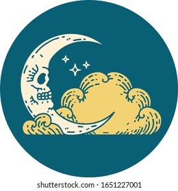 iconic tattoo style image of a skull crescent moon and clouds