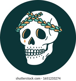 imagen icónica de un cráneo con corona de laurel