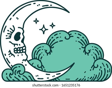 iconic tattoo style image of a skull crescent moon and clouds