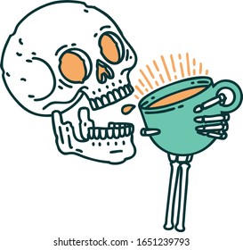 iconic tattoo style image of a skull drinking coffee