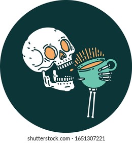 iconic tattoo style image of a skull drinking coffee