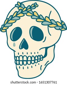 iconic tattoo style image of a skull with laurel wreath crown