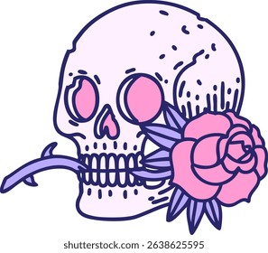 iconic tattoo style image of a skull and rose in bright neon colors