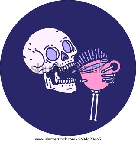 iconic tattoo style image of a skull drinking coffee in bright neon colors
