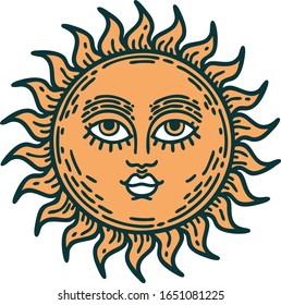 iconic tattoo style image of a sun with face