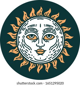 iconic tattoo style image of a sun with face