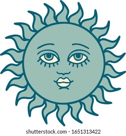 iconic tattoo style image of a sun with face