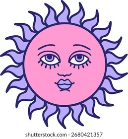 Imagen icónica del estilo del tatuaje de un sol con la cara en color neón brillante
