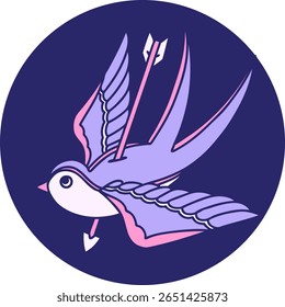 imagem icônica estilo tatuagem de uma andorinha perfurada pela seta na cor neon brilhante