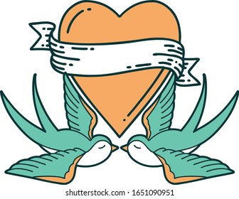 iconic tattoo style image of swallows and a heart with banner