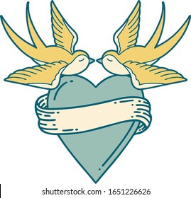 iconic tattoo style image of swallows and a heart with banner