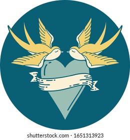 iconic tattoo style image of swallows and a heart with banner