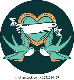 iconic tattoo style image of swallows and a heart with banner