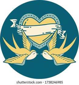 iconic tattoo style image of swallows and a heart with banner