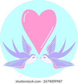Imagen icónica del estilo del tatuaje de golondrinas y un corazón en color neón brillante