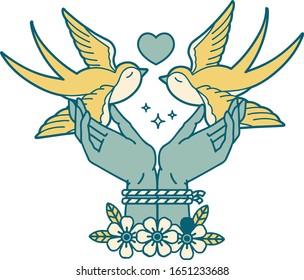 iconic tattoo style image of tied hands and swallows