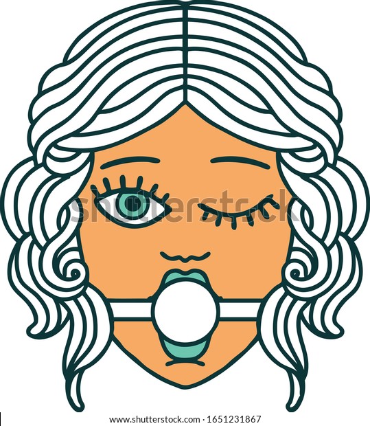 ボールギャグを着たウィンキング女性の顔のアイコン的なタトゥー様式の画像 のベクター画像素材 ロイヤリティフリー