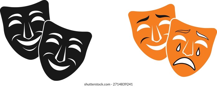 As máscaras icônicas de teatro que representam a dualidade do drama e da comédia são exibidas em silhueta preta contrastante e estilos de vetor laranja brilhante que simbolizam a gama de emoção e desempenho humanos