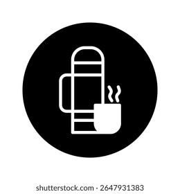 Iconic thermos with steaming beverage illustration representing outdoor adventures and warm drinks on the go for enthusiasts