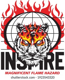 iconic tiger and globe in flames illustration with a slogan print design