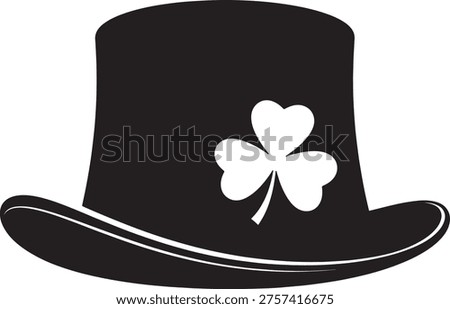 Iconic top hat stark black silhouette adorned with a festive shamrock. Ideal for holiday promotions and cultural event marketing.
