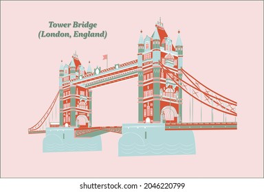 Iconic Tower Bridge connecting London with Southwark on the Thames River. Modern style. A postcard in fashionable colors.