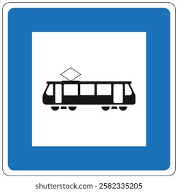 Iconic tram symbol on a blue square traffic sign.