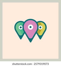 Iconic trio of location pins in vibrant hues for mapping and navigation purposes