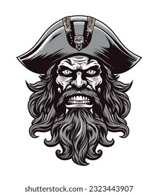 An iconic and unforgettable pirates zombie head vector clip art illustration, representing the cursed souls of the high seas, suitable for haunted attractions, movie posters, and dark storytelling