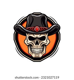 An iconic and unforgettable skull wearing a cowboy hat vector clip art illustration, symbolizing rebellion and adventure, suitable for tattoo designs, biker logos, and alternative fashion brands