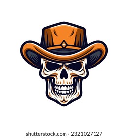 Una calavera icónica e inolvidable con un clip de vaquero de vaquero ilustración, que simboliza la rebelión y la aventura, adecuada para diseños de tatuajes, logos de ciclistas y marcas de moda alternativas