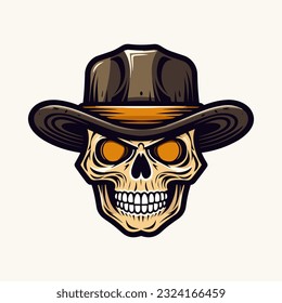 An iconic and unforgettable skull wearing a cowboy hat vector clip art illustration, symbolizing rebellion and adventure, suitable for tattoo designs, biker logos, and alternative fashion brands