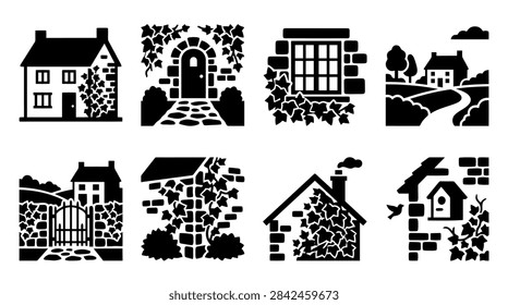 Iconic vector collection of black countryside houses