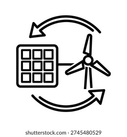 Iconic vector graphic symbolizing the synergy of solar and wind power generation. Clean line art, monochrome, perfect for sustainability initiatives, tech industry promotion, or educational materials.