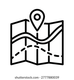 Iconic vector illustration of a folded map with a prominent location pin. Clean line art style, perfect for navigation apps, travel services, or business strategy visuals. Evokes direction, planning, and destination.
