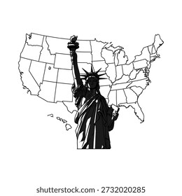 Ilustração vetorial icônica da Estátua da Liberdade sobreposta a um mapa detalhado dos Estados Unidos, perfeito para temas patrióticos e históricos.
